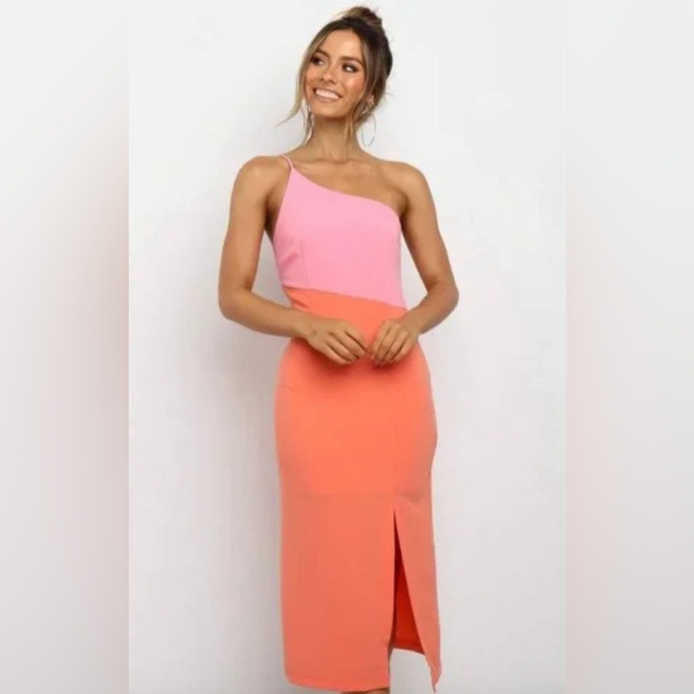 Petal and Pup Orange and pink block one shoulder dress with slit.